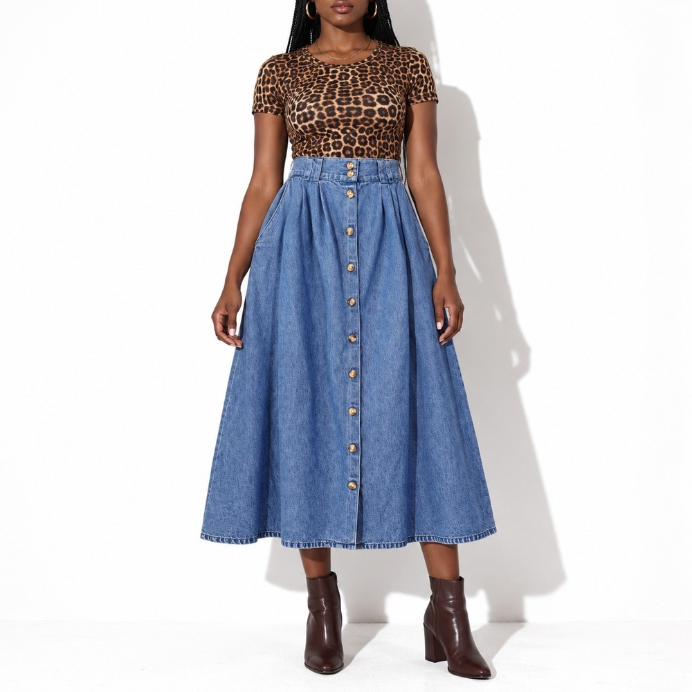 90s Vintage Cabin Creek Denim Midi Skirt Womens M Medium Wash Western Jean Skirt